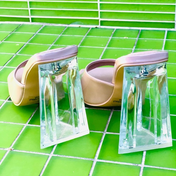 NEW Patent Clear Triangle High Block Heel Square Toe Slip On Sandals Mules Shoes - Picture 8 of 9
